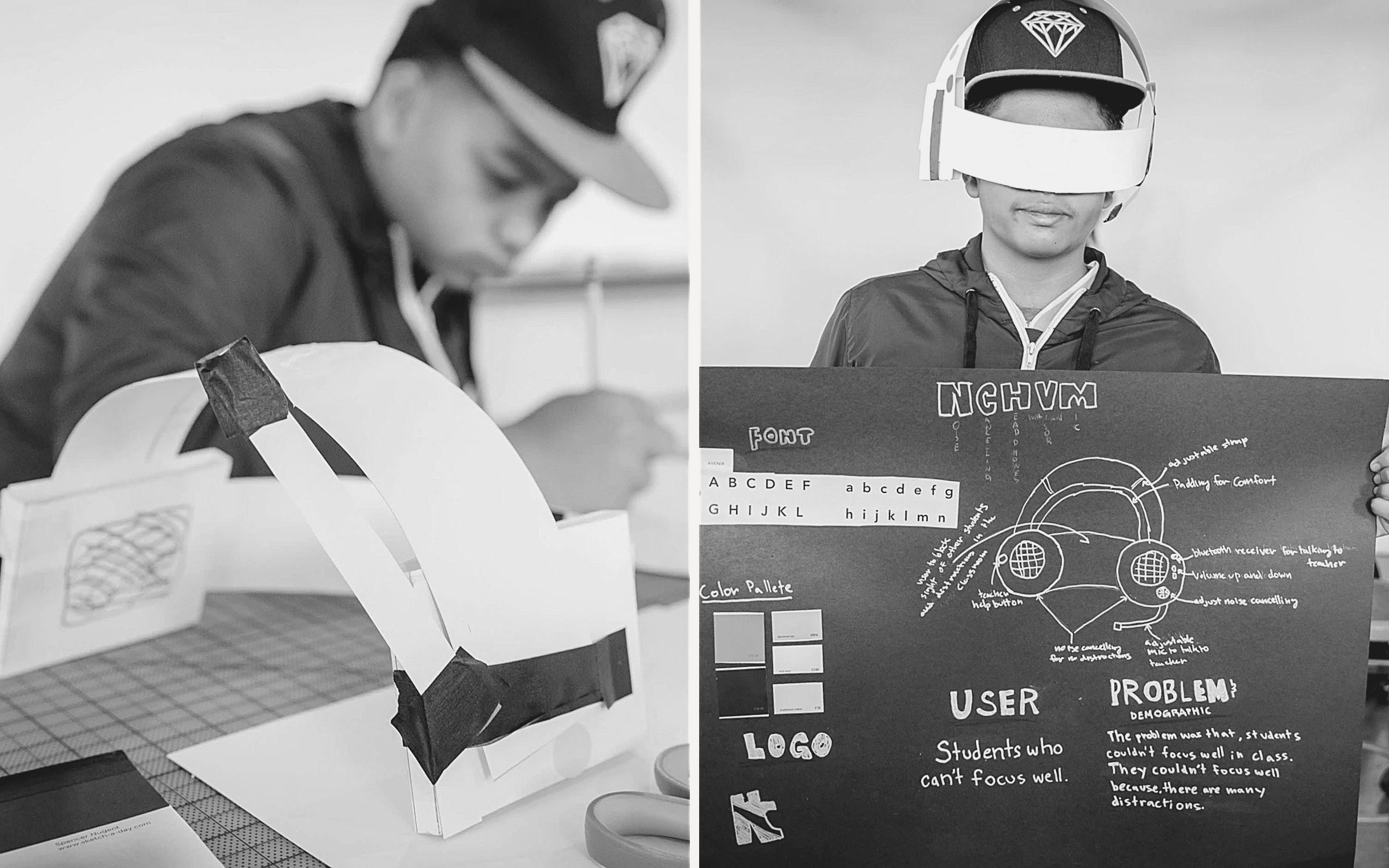 A student building, then presenting, noise-cancelling headphones