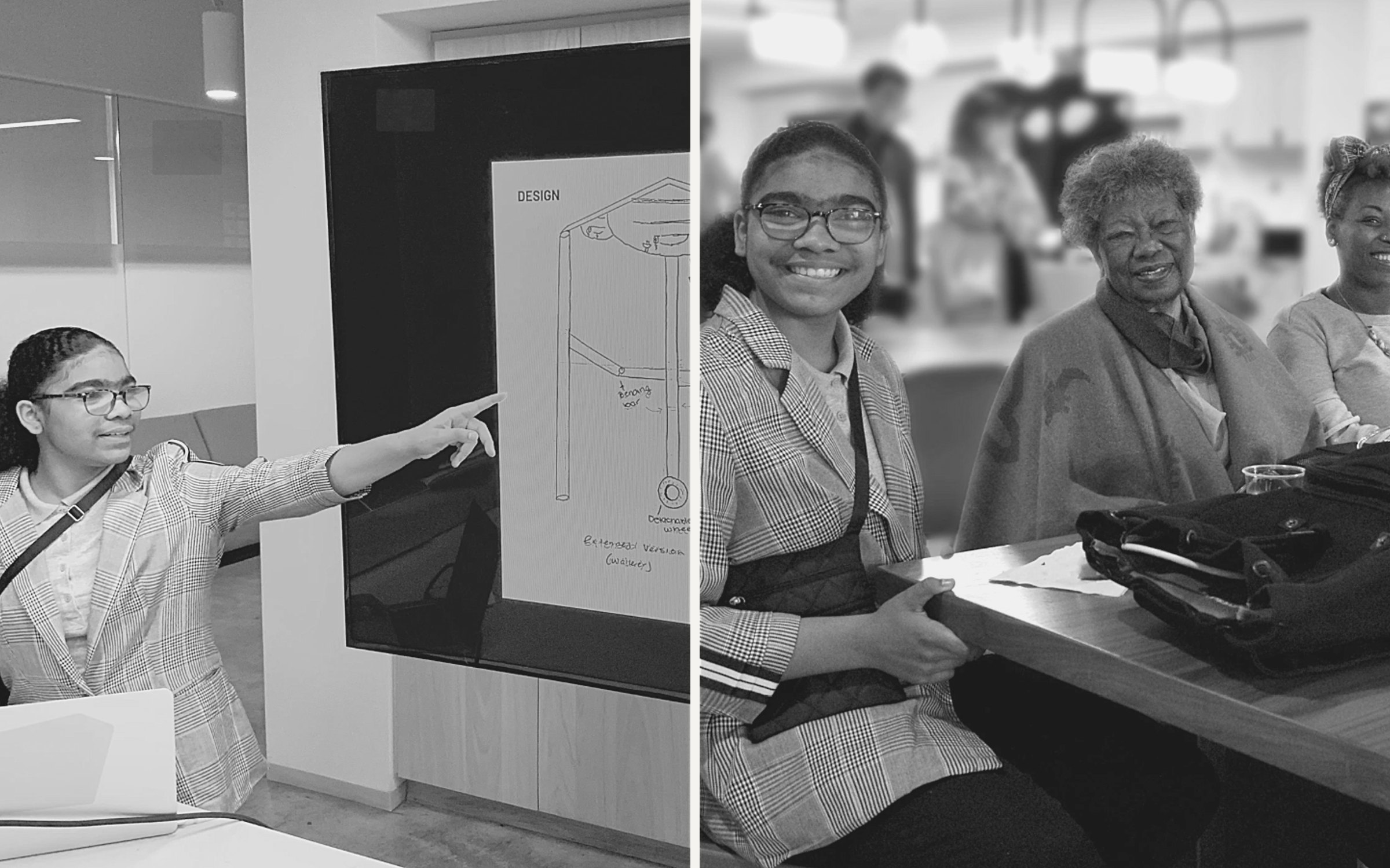 A student presenting her walker-cane design, and seated with her grandmother